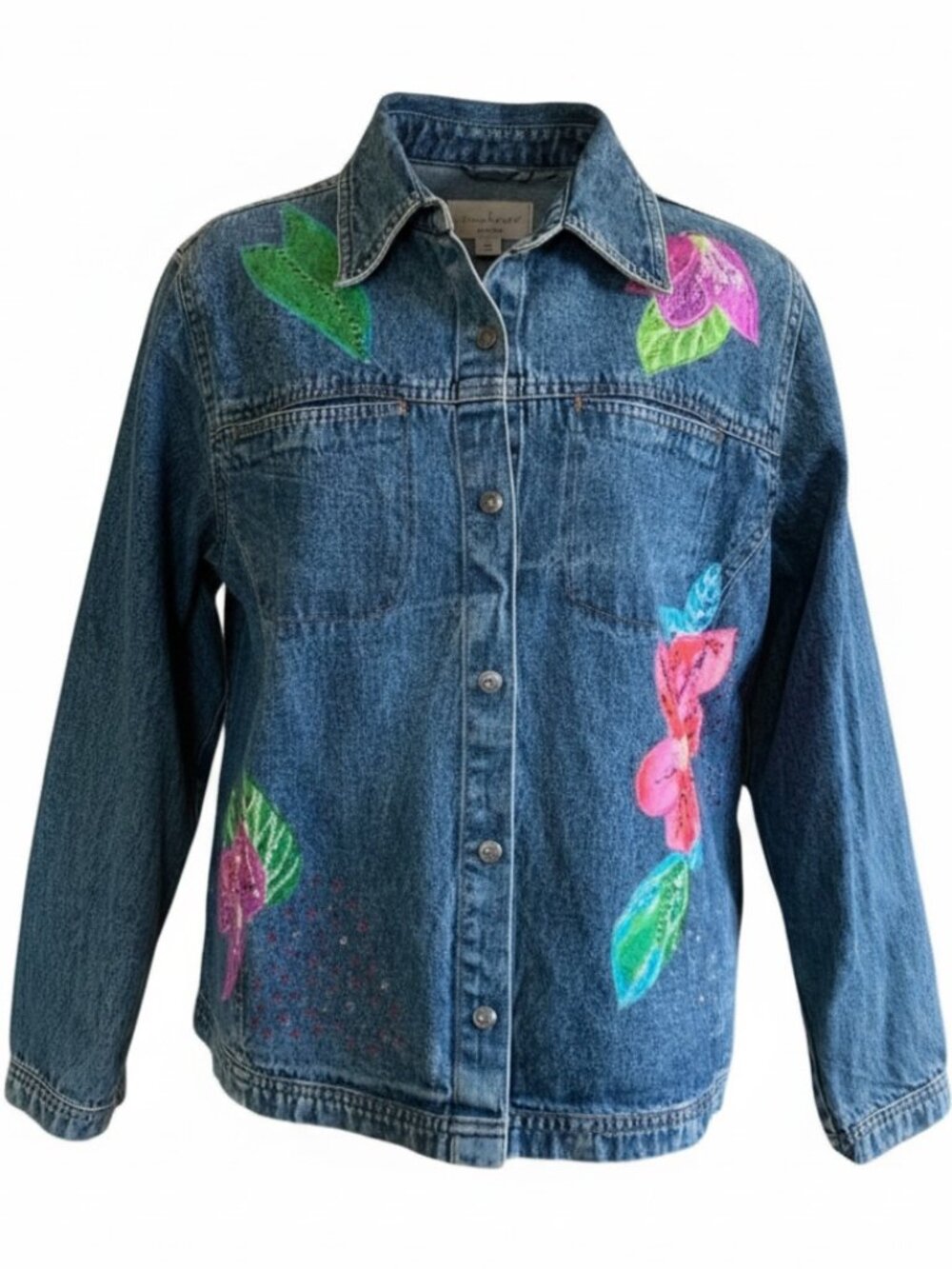 VTG BOHO Floral Embroidered Denim Jean Jacket Sz 1XL by Mirasol #73F